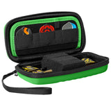 Open green darts case displaying organized dart storage, foam insert, and multiple flights for dart equipment protection