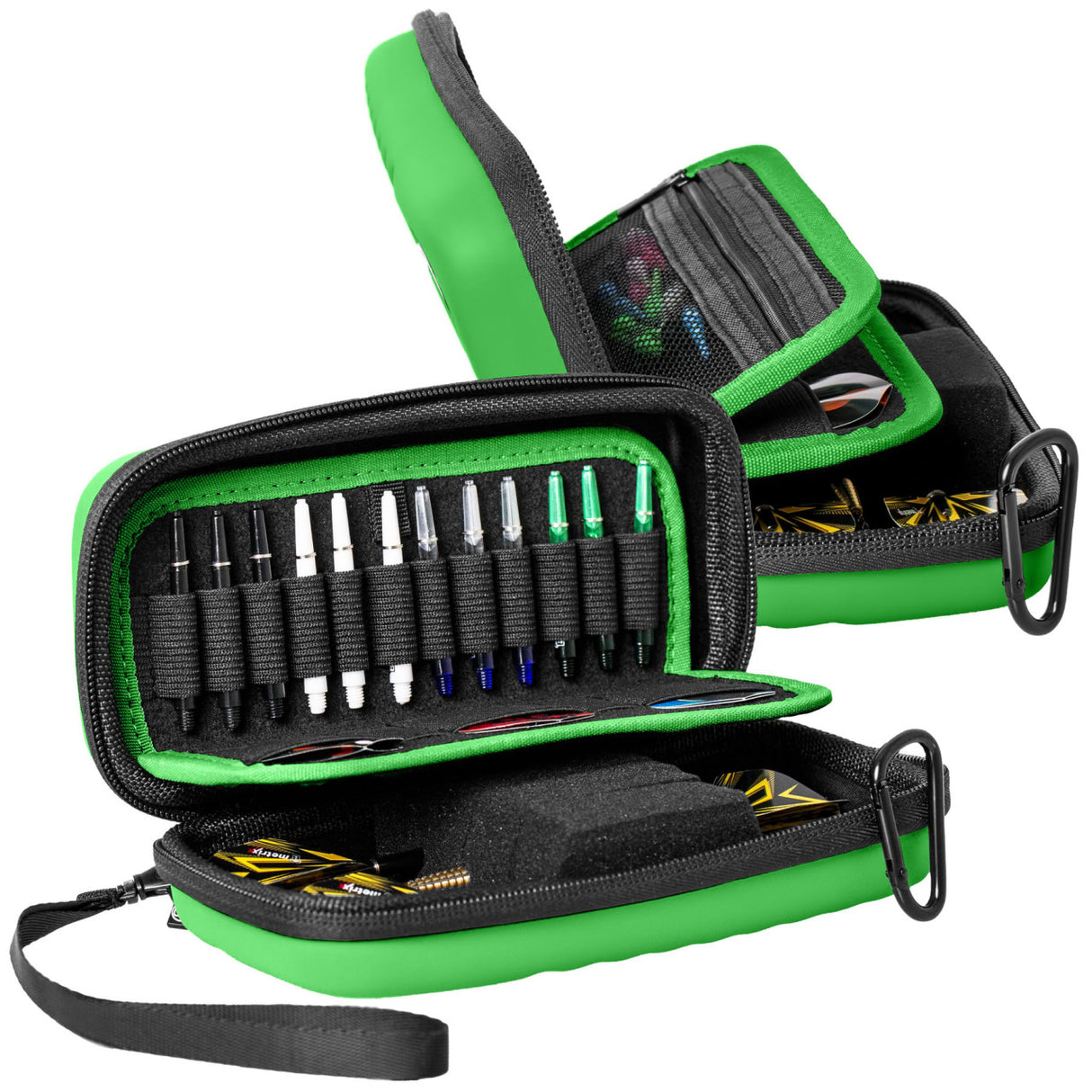 Angled view of open green small darts case displaying organized dart shafts, flights, and secure interior storage compartments