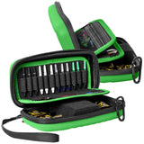 Angled view of open green small darts case displaying organized dart shafts, flights, and secure interior storage compartments