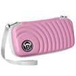 Pink darts case with textured wave pattern, wrist strap, angled full product shot on white background