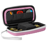 Open pink darts case displaying organized dart storage, foam insert, and multiple flights for dart equipment protection