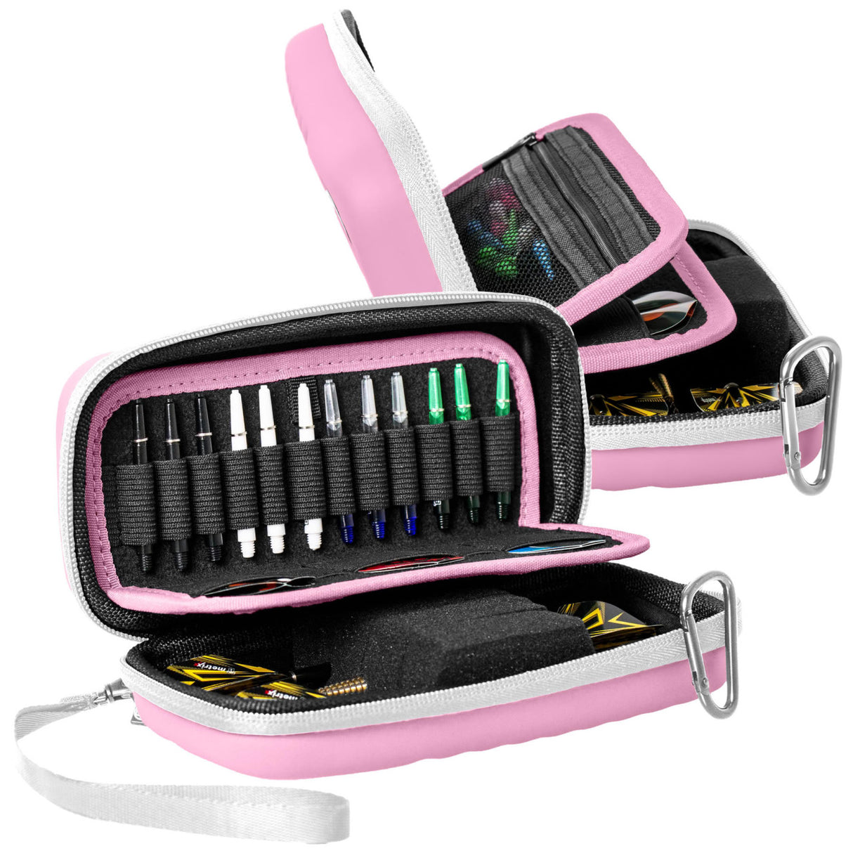 Angled view of open pink small darts case displaying organized dart shafts, flights, and secure interior storage compartments