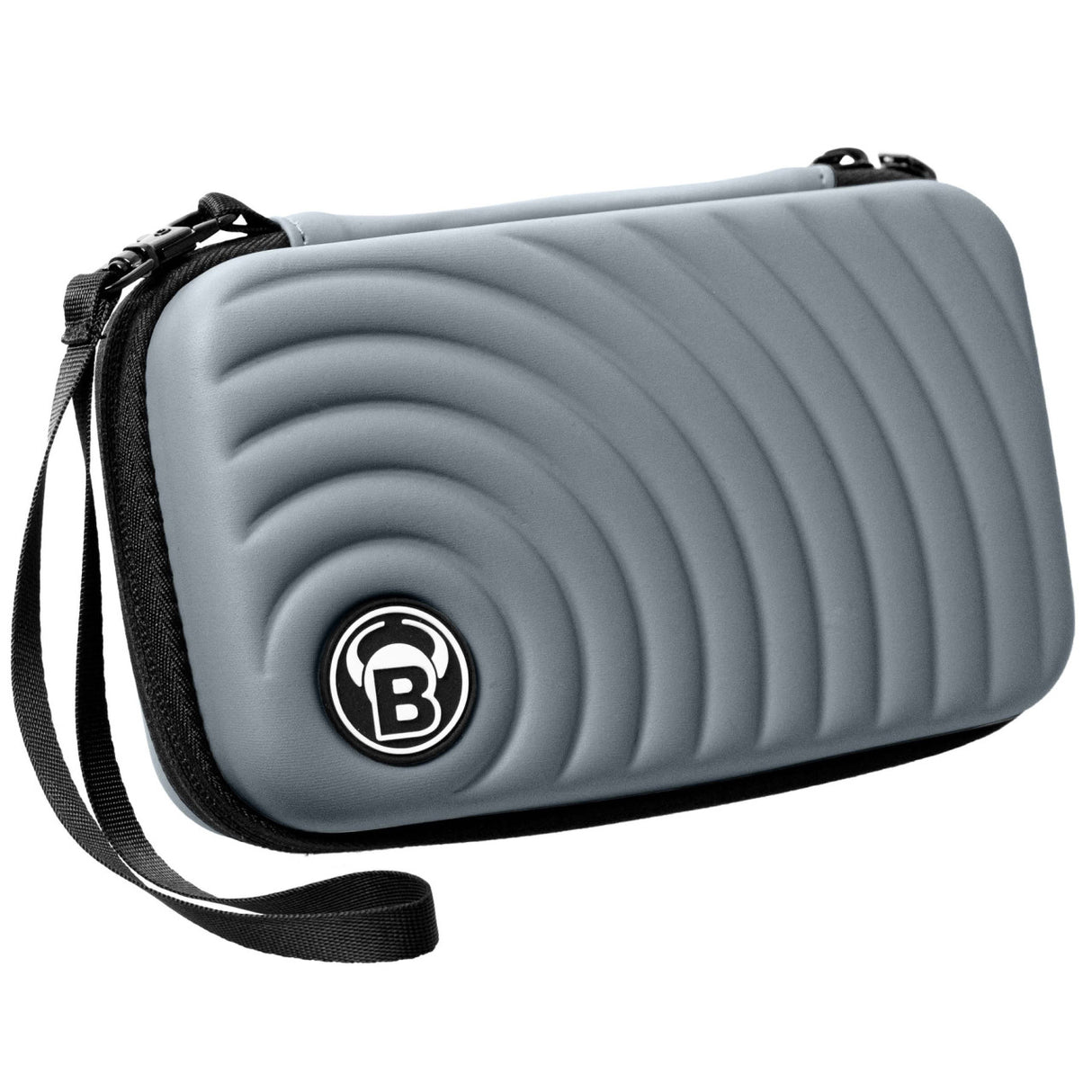 Grey XL darts case with rippled hard shell, zipper closure, and detachable wrist strap, shown angled on white background