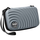 Grey XL darts case with rippled hard shell, zipper closure, and detachable wrist strap, shown angled on white background
