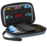 Open grey XL darts case with darts and spare flights in elastic pockets, angled view for dart storage organization