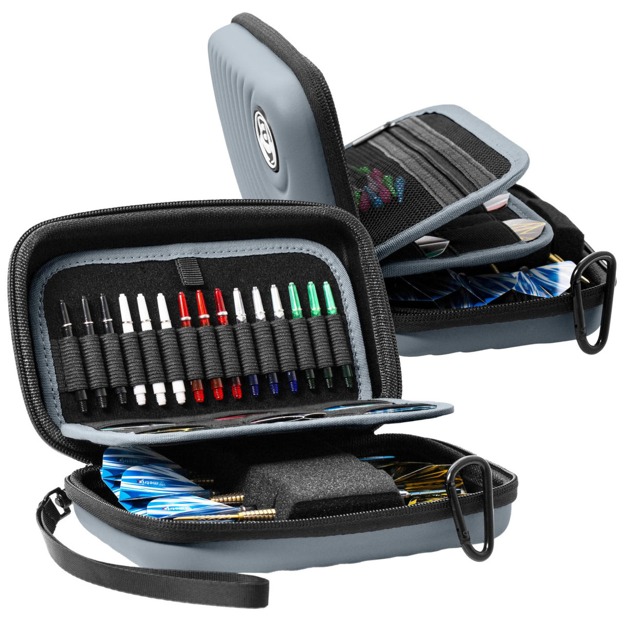 Angled view of open XL grey darts case with organized dart shafts, flights, and accessories in foam and mesh compartments