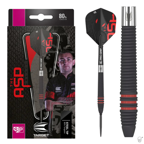 Darts with black and red design and packaging featuring a person, on a white background.