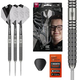 Collection of darts, packaging, and accessories on a white background