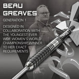 Dart with 'Target' branding and text about Beau Greaves and collaboration with a world champion.