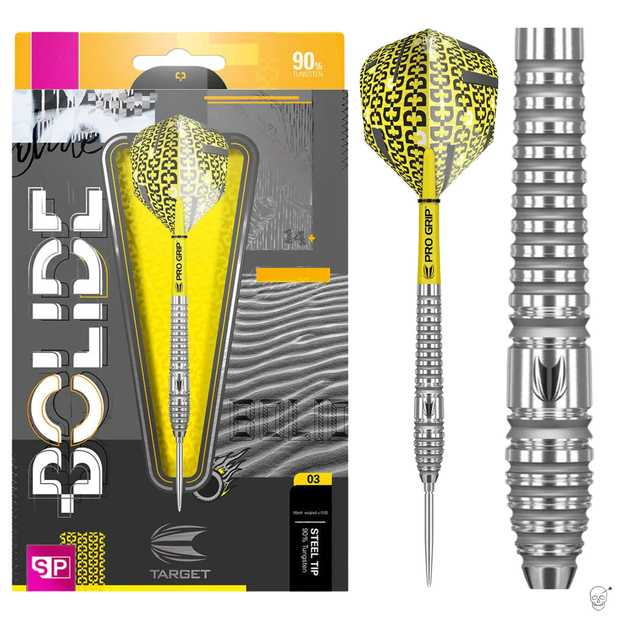 Bolide darts with packaging and a silver dart on a white background