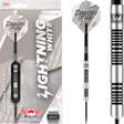Steel tip tungsten dart in retail packaging with close-up of barrel grip rings, Mighty Grip flight, and 90% tungsten marking