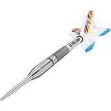 Silver dart with multicolored flight on a white background