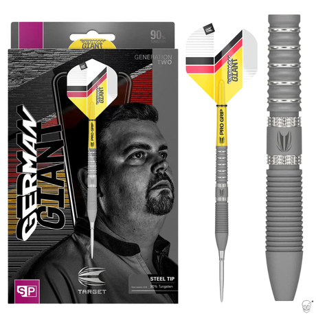 Darts with gray shafts and colorful flights next to their packaging featuring a man's face.