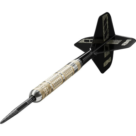 Dart with black and gold flight on a white background