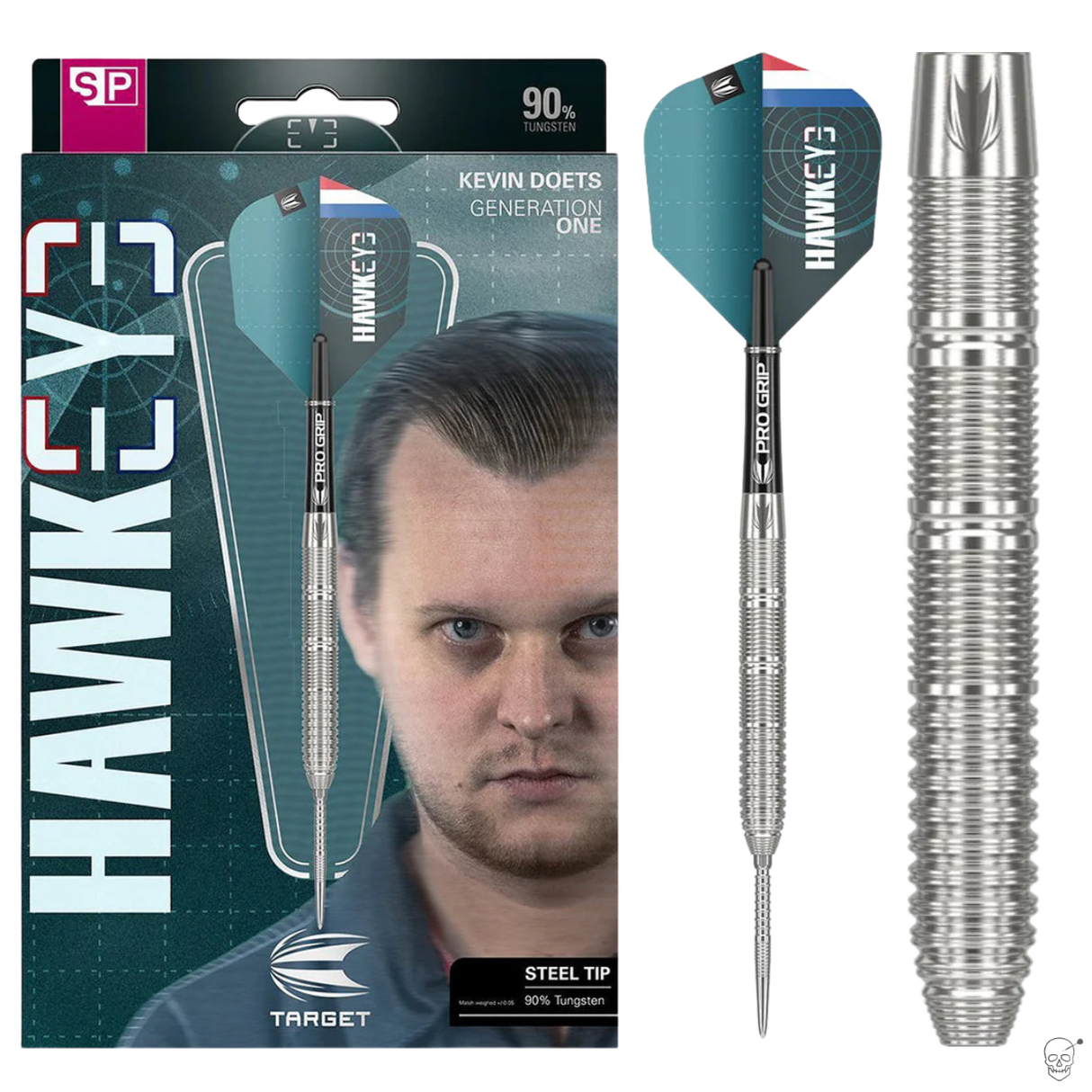Hawkeye darts packaging with darts and shafts displayed on a white background