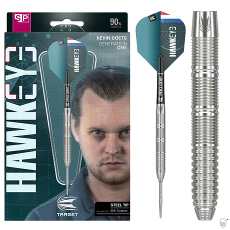 Hawkeye darts packaging with darts and shafts displayed on a white background