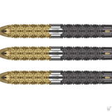 Three gold and black darts with intricate designs on a white background