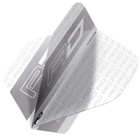 Angled view of the Red Dragon Hardcore XT white and grey dart flight
