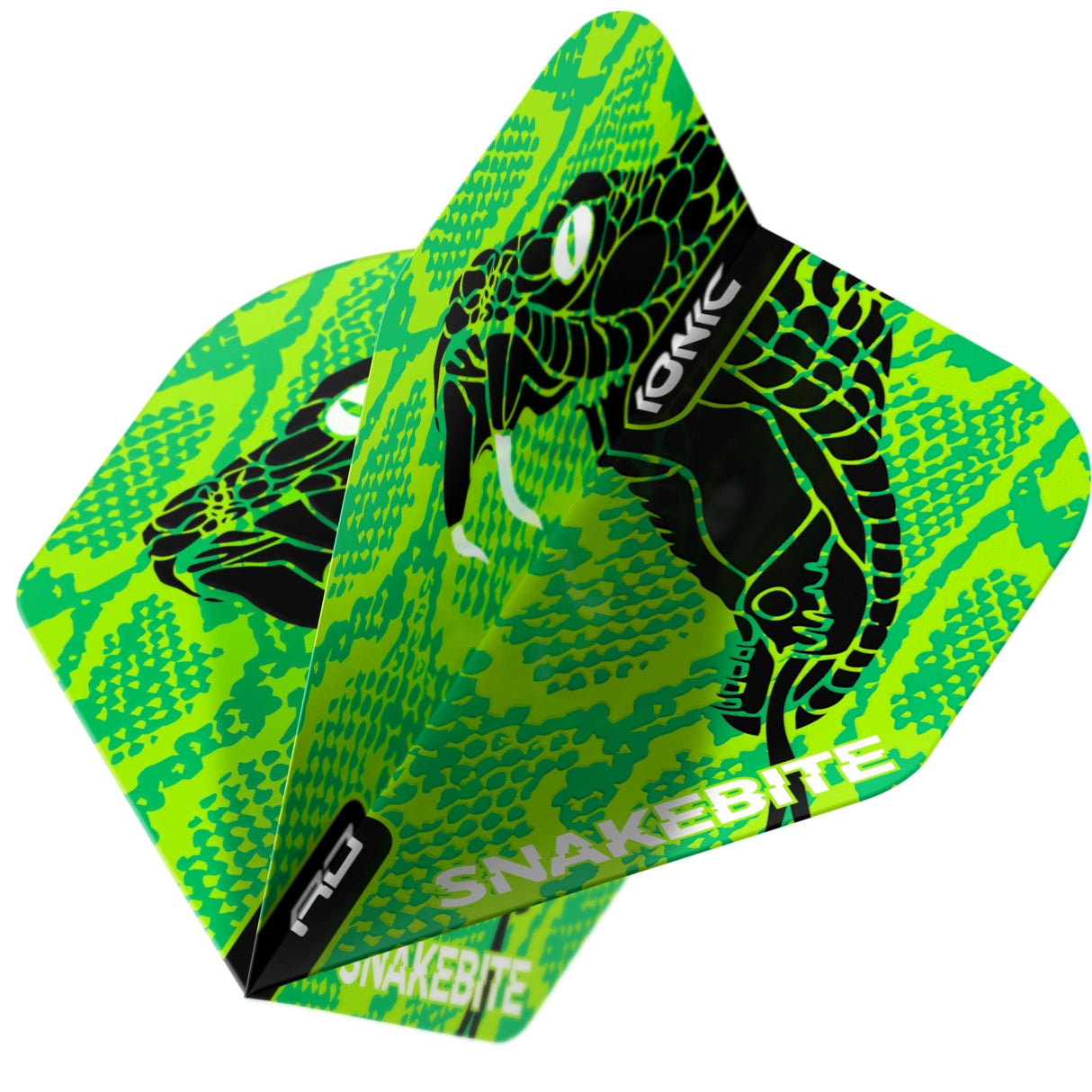Angled view of the Peter Wright Snakebite green snake head dart flight
