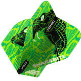 Angled view of the Peter Wright Snakebite green snake head dart flight