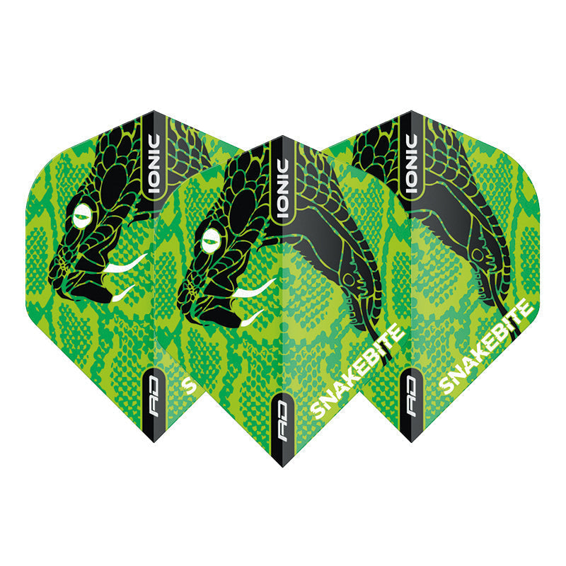 Set of three Peter Wright Snakebite green snake head No.2 dart flights