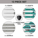 13-piece dart set with components labeled on a white background