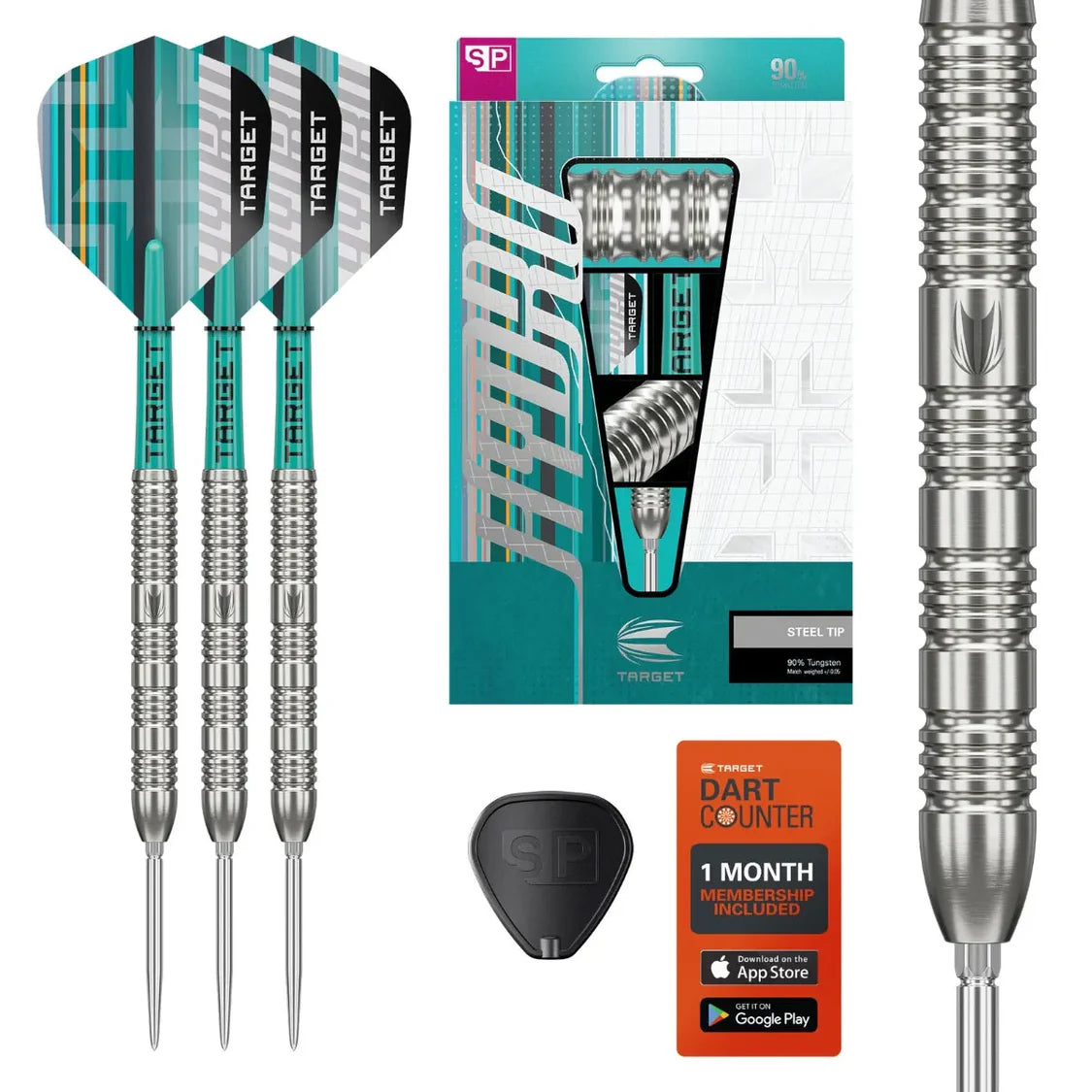 Set of darts with packaging, dart counter, and additional dart on a white background