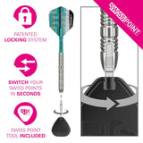 Swiss Point dart system with patent lock, switchable points, and tool included on a white background.