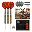 Shot Goths Alaric 95% tungsten steel tip darts - three red and gold barrels with Goths artwork flights and retail card