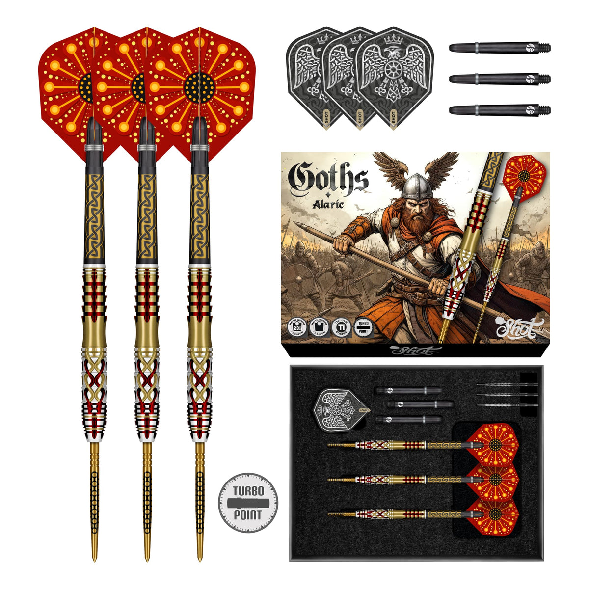 Shot Goths Alaric 95% tungsten steel tip darts - three red and gold barrels with Goths artwork flights and retail card