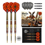 Shot Goths Alaric 95% tungsten steel tip darts - three red and gold barrels with Goths artwork flights and retail card