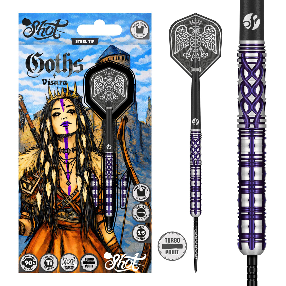 Shot Goths Visara 90% tungsten darts – iridescent purple titanium straight barrels with Turbo points