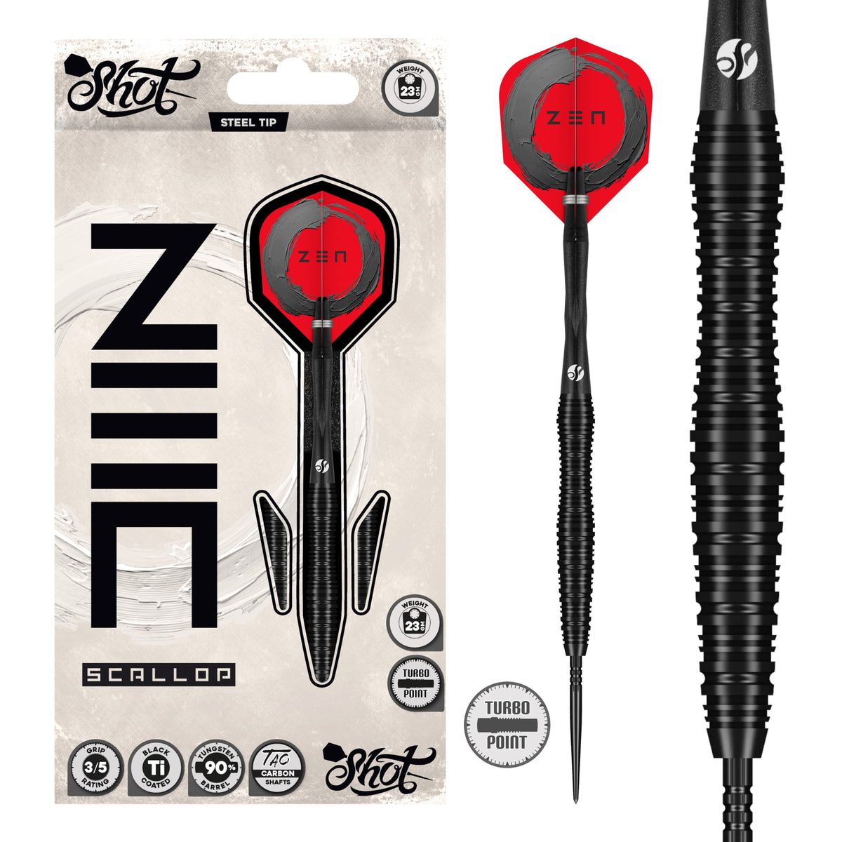 Shot Zen Scallop 90% tungsten darts – scalloped barrels with Turbo points