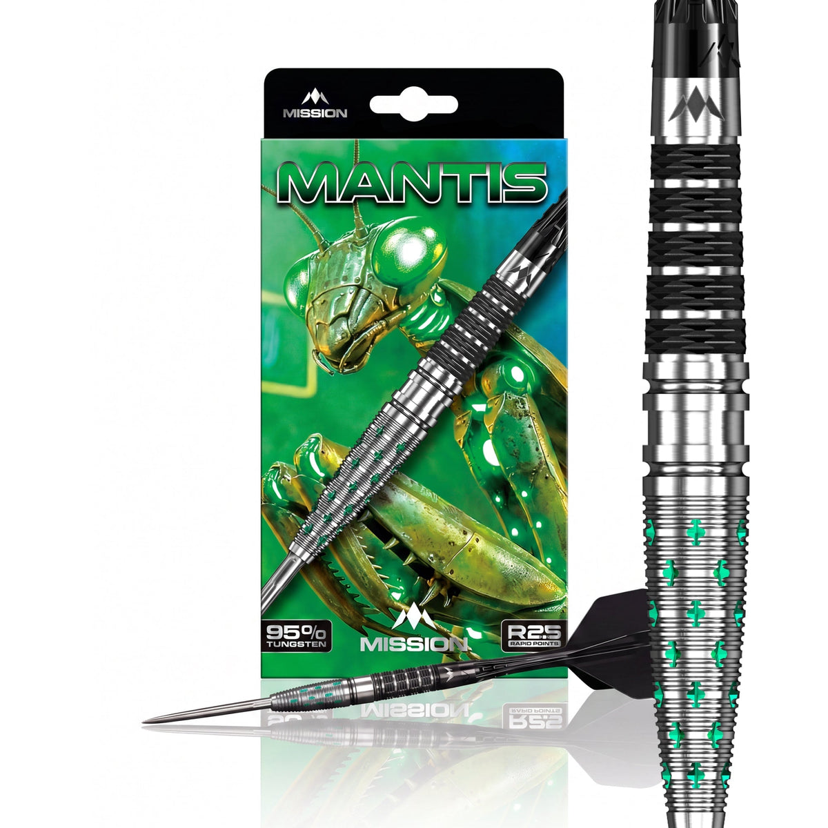 Mission Mantis 95% tungsten darts - packaging and assembled dart
