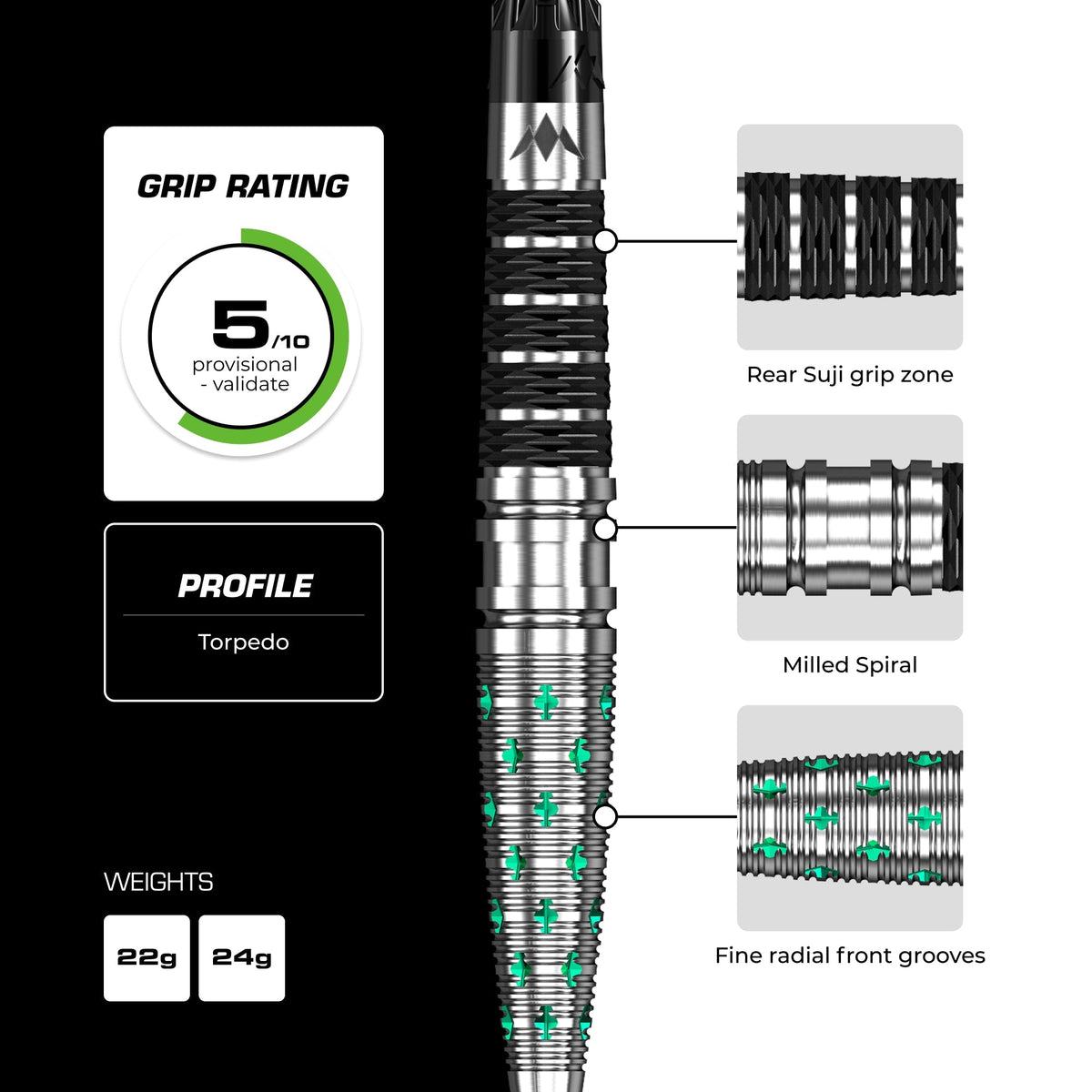 Mission Mantis 95% tungsten darts - grip rating and barrel profile