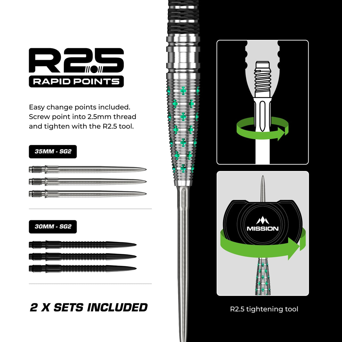 Mission Mantis 95% tungsten darts - R2.5 Rapid Points sets included