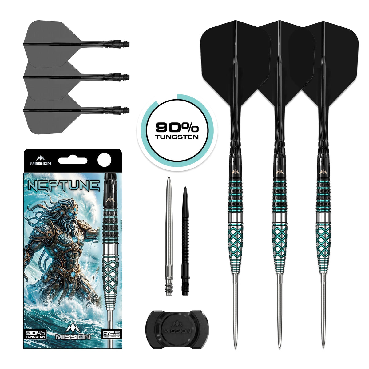 Mission Neptune 90% tungsten darts - full set with flights, points and tool