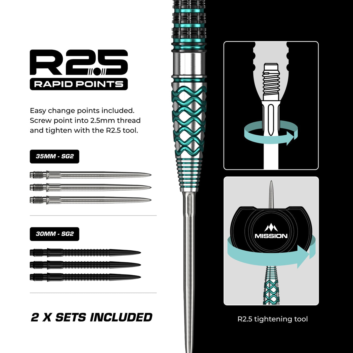 Mission Neptune 90% tungsten darts - R2.5 Rapid Points sets included