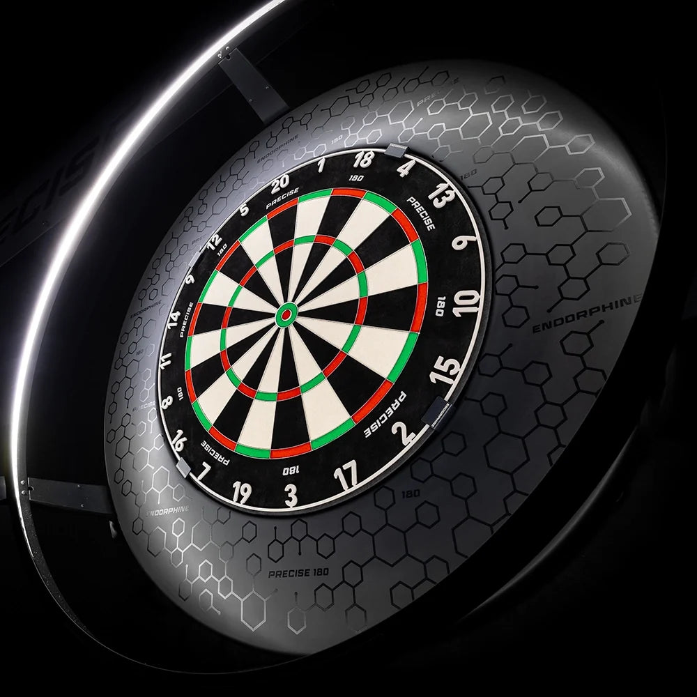 Precise 180 Endorphine Pro surround fitted to a dartboard, angled view showing the depth of the ring