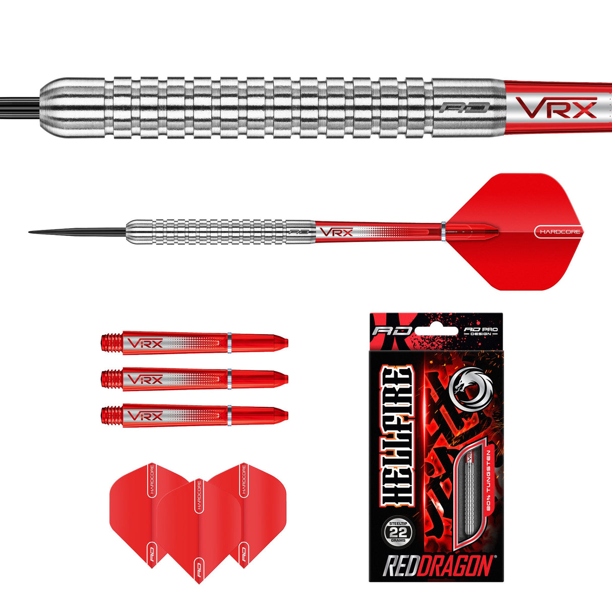Red Dragon Hell Fire A set contents with VRX shafts and Hardcore flights