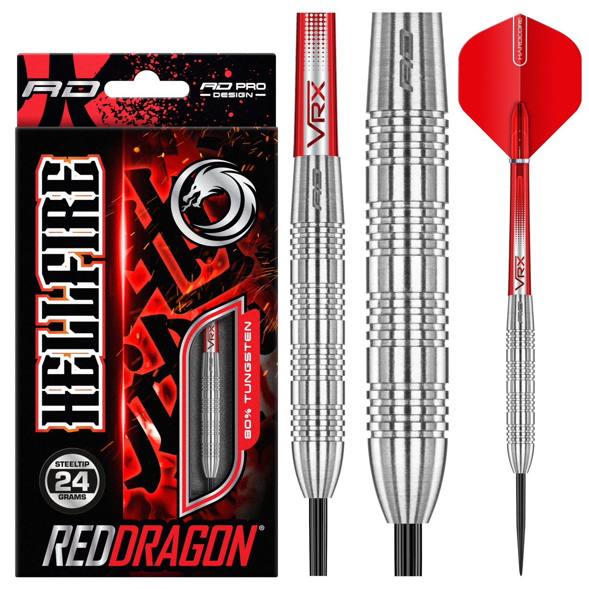 Red Dragon Hell Fire B 80% tungsten darts with retail packaging