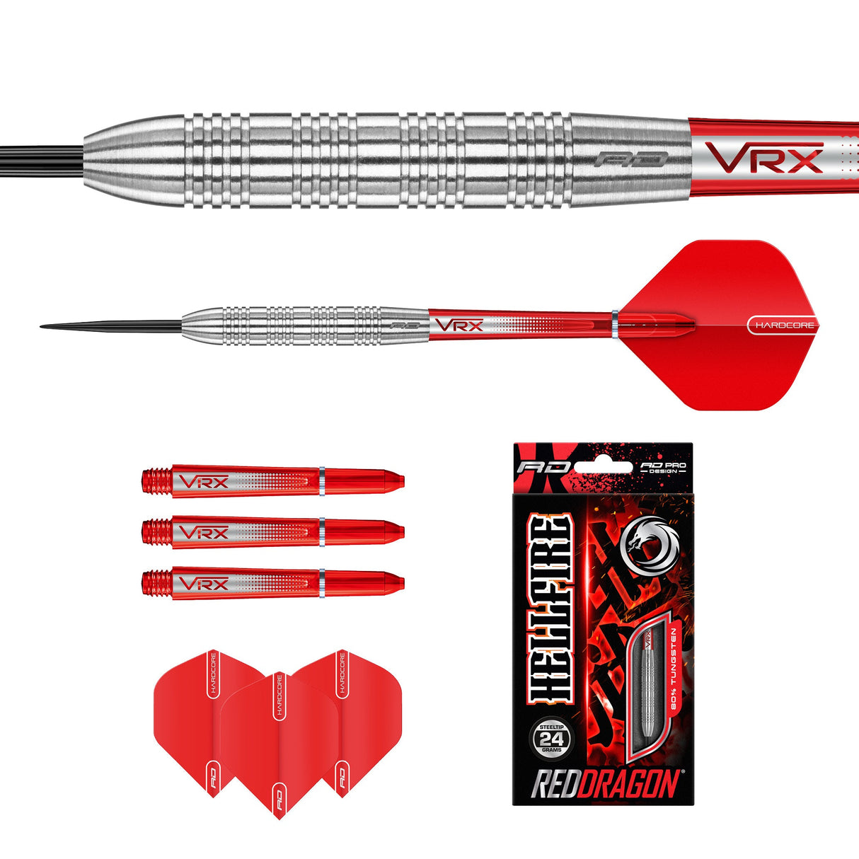 Red Dragon Hell Fire B set contents with VRX shafts and Hardcore flights