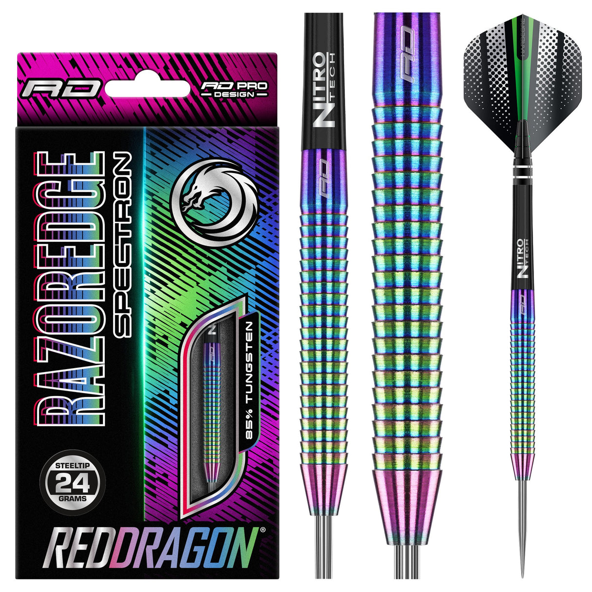 Red Dragon Razor Edge Spectron 85% tungsten darts with retail packaging