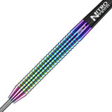 Red Dragon Razor Edge Spectron dart at an angle showing the rainbow PVD finish