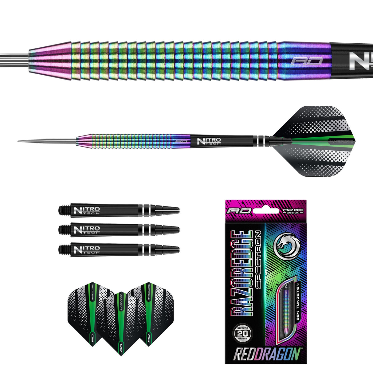 Red Dragon Razor Edge Spectron set contents with Nitrotech shafts and Hardcore flights