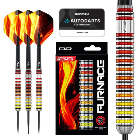 Red Dragon Furnace 90% tungsten core darts with retail packaging and Autodarts Plus membership card
