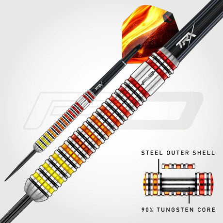 Red Dragon Furnace dart at an angle showing the TCT construction with steel outer shell and 90% tungsten core