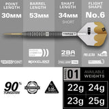 Dart with detailed specifications on a gray background