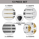 13-piece dart set with points, shafts, Swiss point tool, barrels, and flights on a white background.