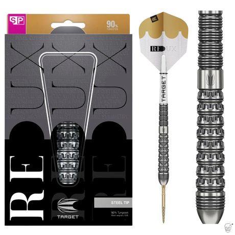 Darts with silver shafts and gold accents next to their packaging